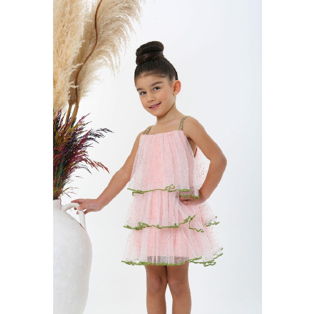 JustBaby Yazlık Pembe Gold Şerit ve Askı Detaylı Elbise Pembe
