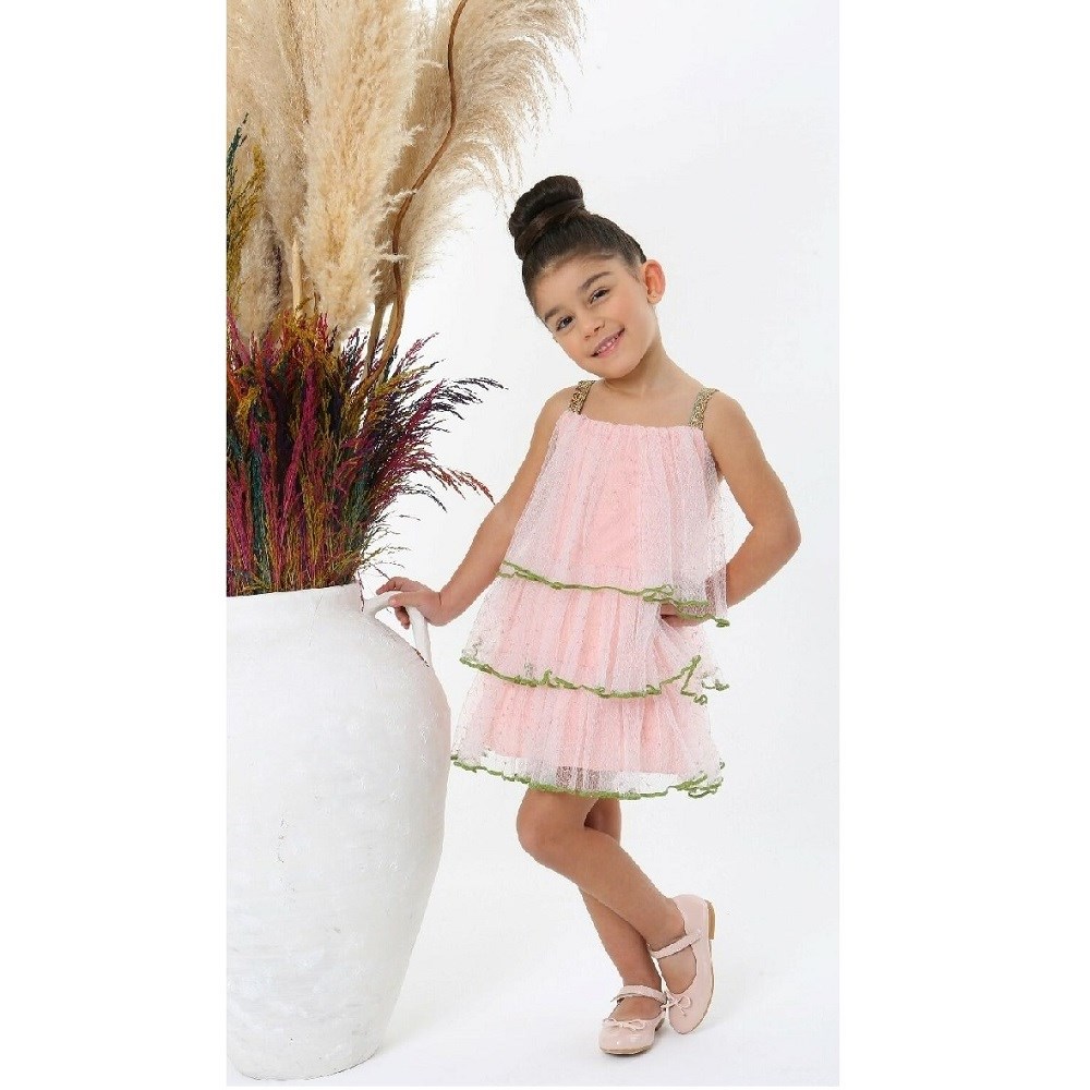 JustBaby Yazlık Pembe Gold Şerit ve Askı Detaylı Elbise Pembe