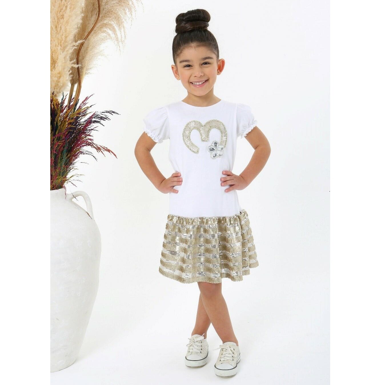 JustBaby Yazlık Beyaz Gold Fırfır Detaylı Elbise Beyaz