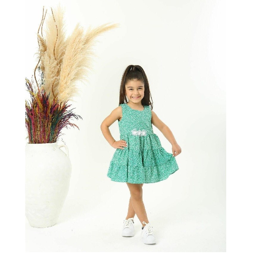 JustBaby Yazlık Benekli Organik Pamuk Çiçek Detaylı Elbise Yeşil