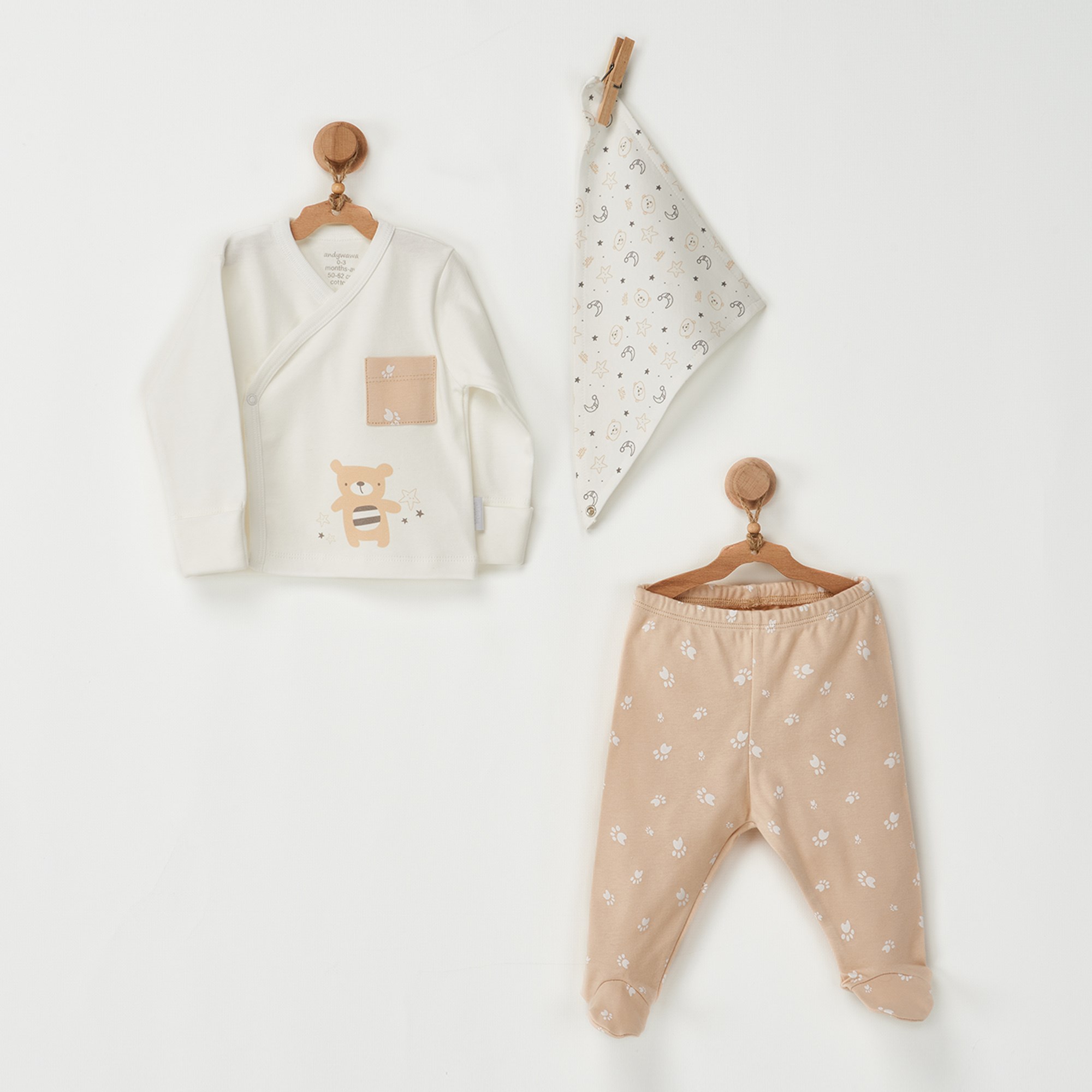 Andywawa Erkek Bebek Yazlık Patikli Pijama 3'lü Set Krem