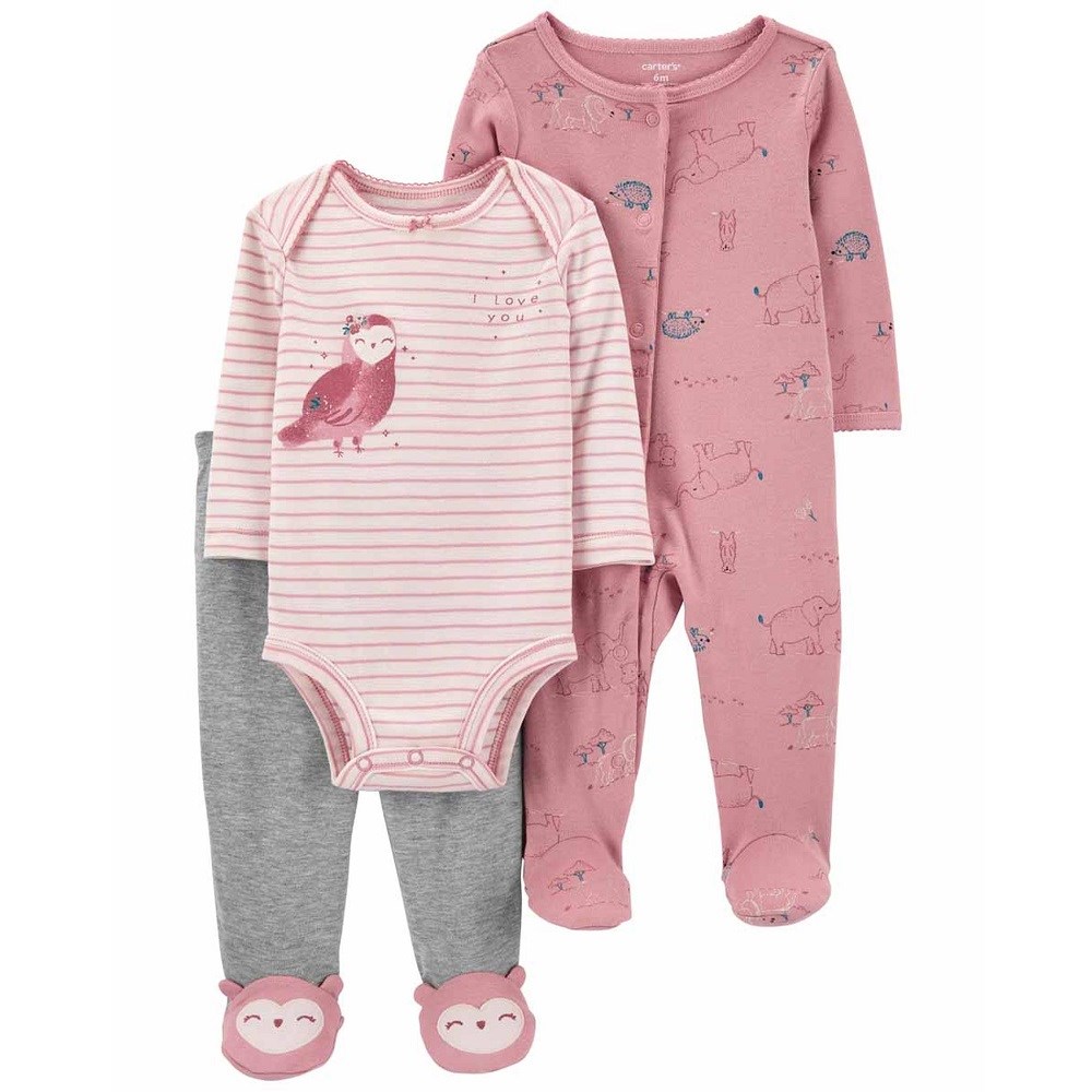 Carters Yazlık Kız Bebek Uzun Kol Body Patikli Tulum ve Eşofman Altı 3'lü Set Pembe