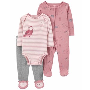 Carters Yazlık Kız Bebek Uzun Kol Body Patikli Tulum ve Eşofman Altı 3'lü Set