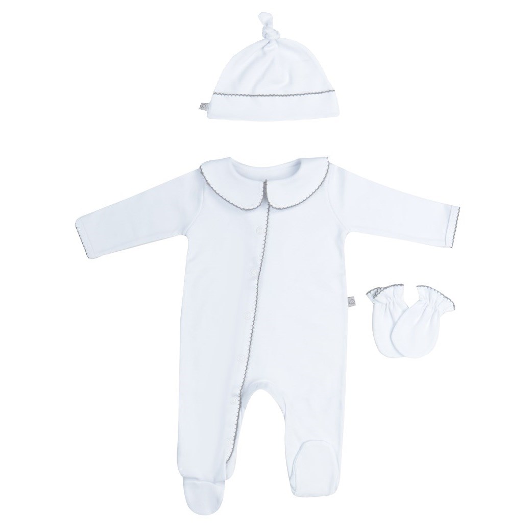 Mayys Baby Yazlık Bebek Organik Pamuklu Patikli Tulum Eldiven Şapka 3'lü Set Gri