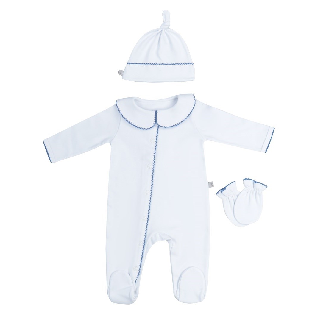 Mayys Baby Yazlık Bebek Organik Pamuklu Patikli Tulum Eldiven Şapka 3'lü Set Mavi