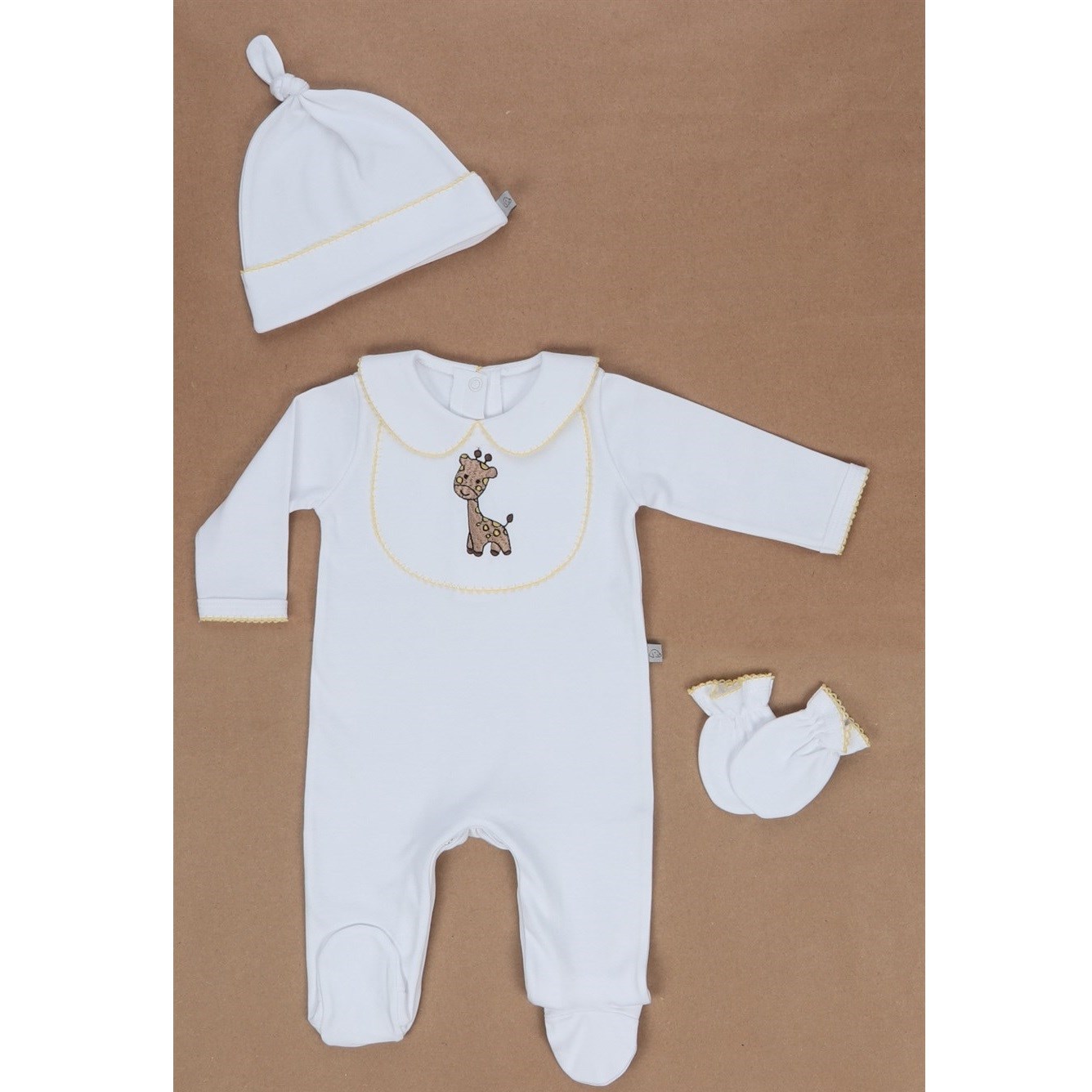 Mayys Baby Yazlık Organik Pamuklu Bebek Nakışlı Patikli Tulum Şapka Eldiven 3'lü Set Sarı