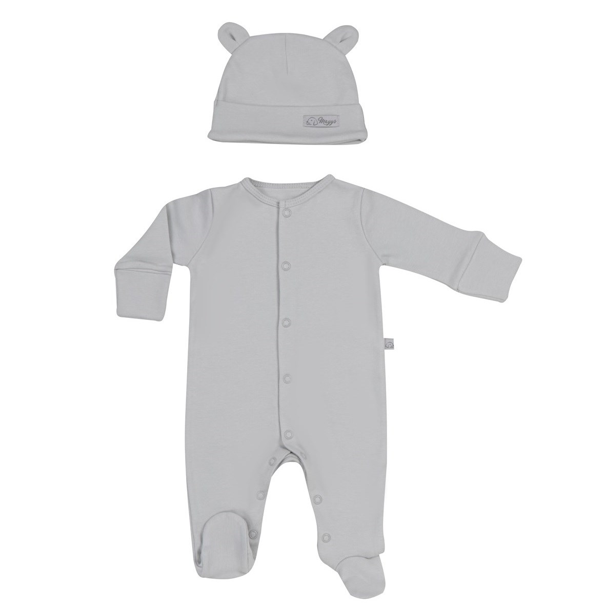 Mayys Baby Yazlık Bebek Organik Pamuklu Basic Patikli Tulum Şapka 2'li Set Gri