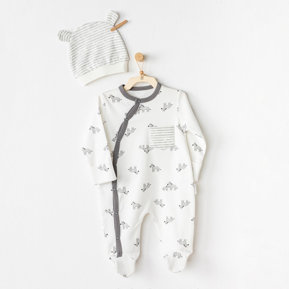 Andywawa Erkek Bebek Kışlık Patikli Tulum Şapka 2'li Set Zebra Gri