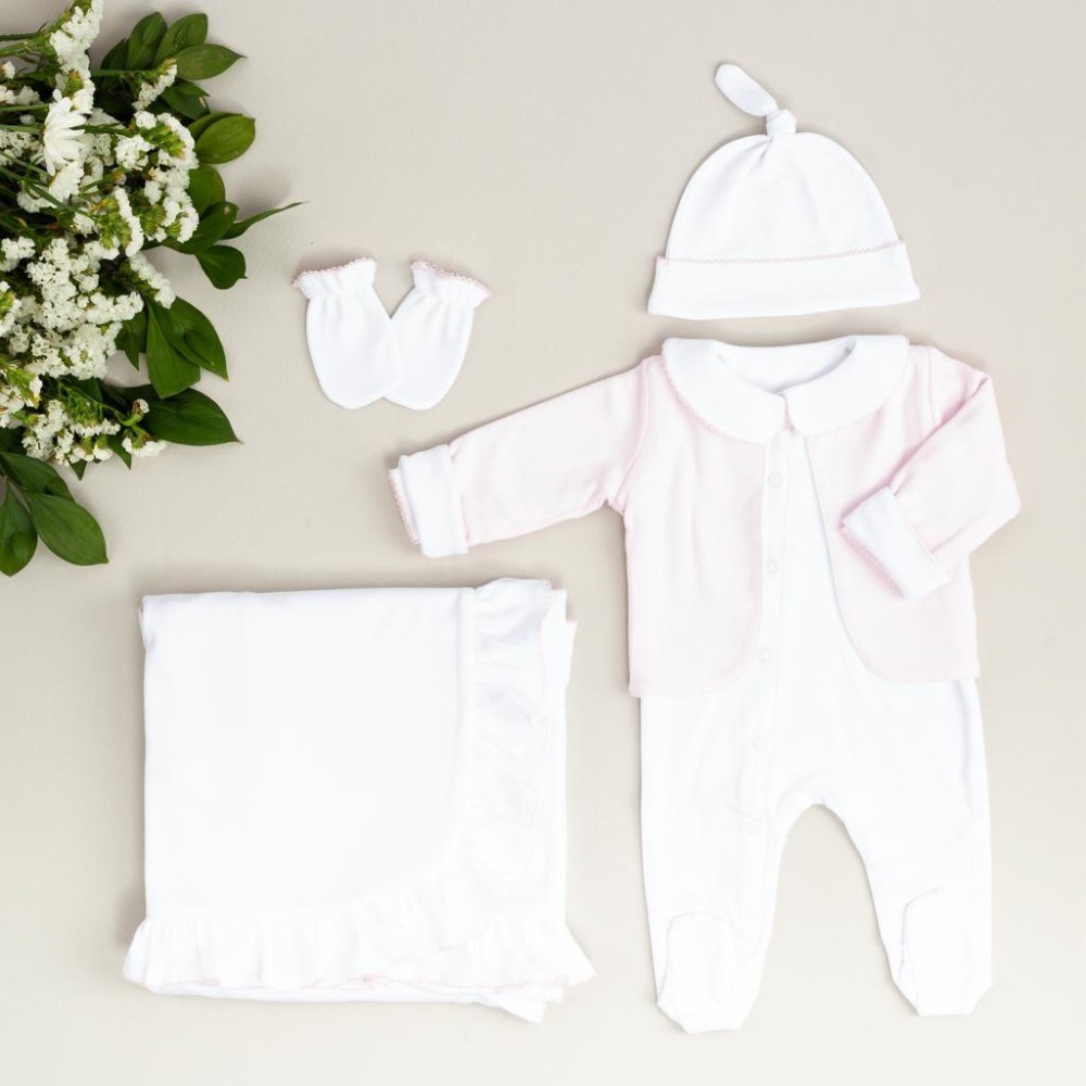 Mayys Baby Organik Elegant Pembe Tığ İşi Süslemeli 5'li  Hastane Çıkış Seti Beyaz