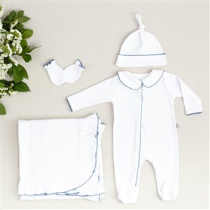 Mayys Baby Organik Elegant Mavi Tığ İşi Süslemeli 5'li Hastane Çıkış Seti