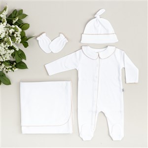 Mayys Baby Organik Elegant Bej Tığ İşi Süslemeli 5'li  Hastane Çıkış Setiı