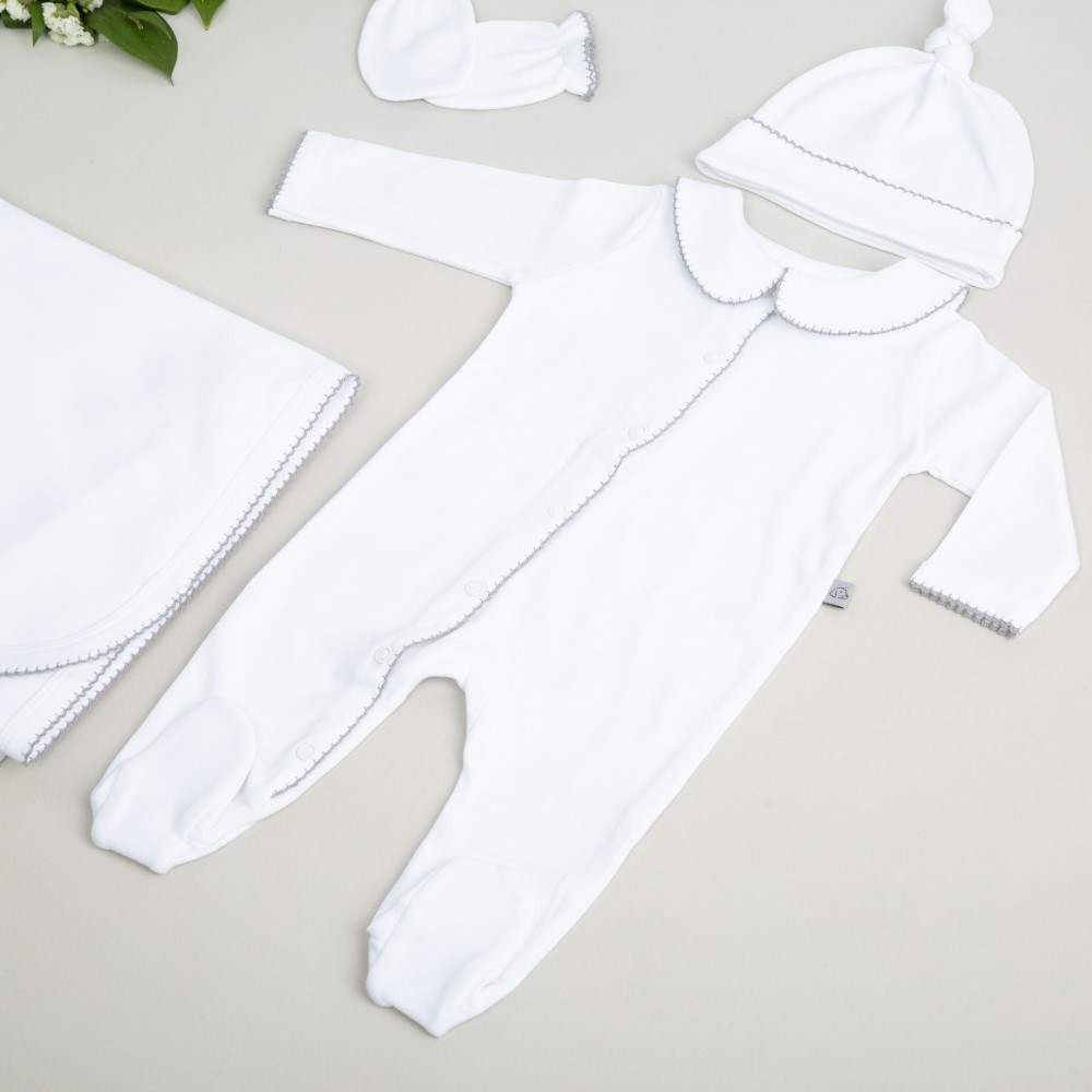 Mayys Baby Organik Elegant Gri Tığ İşi Süslemeli 5'li  Hastane Çıkış Seti Beyaz