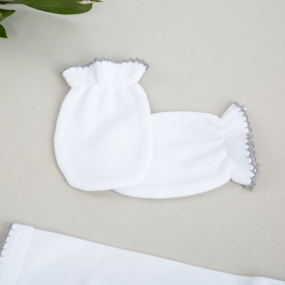 Mayys Baby Organik Elegant Gri Tığ İşi Süslemeli 5'li  Hastane Çıkış Seti Beyaz