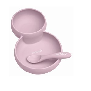 Saro Silikon İkiz Tabak Kase ve Kaşık Seti- Pembe