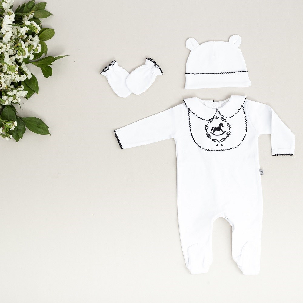 Mayys Baby Bebek Çelenk ve At Nakışlı 4'lü Hastane Çıkış Seti Siyah