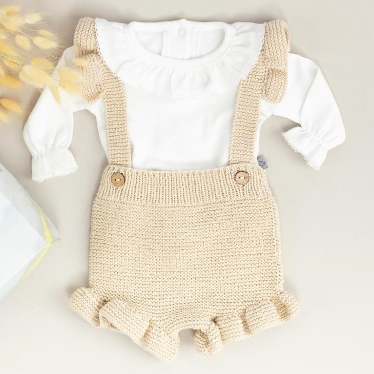 Mayys Baby Kız Bebek Tığ İşi Fırfır Yaka Body ve Fırfırlı Triko Salopet Krem