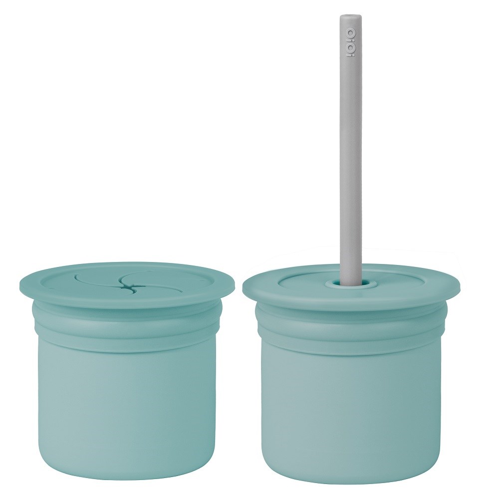 OiOi Ham Hüp Silikon Pipetli Bardak Seti 6 Ay+ Aqua Green - Powder Grey 