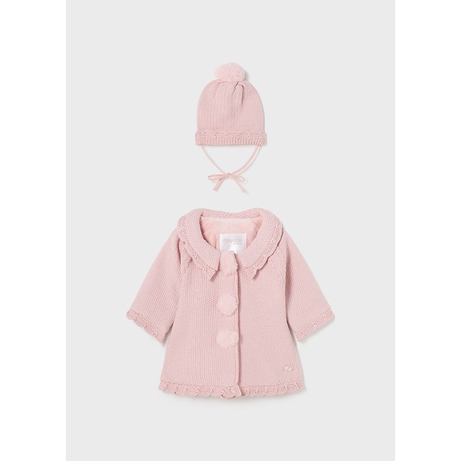 Mayoral Kışlık Kız Bebek Örme Uzun Ceket Bere Set Pembe