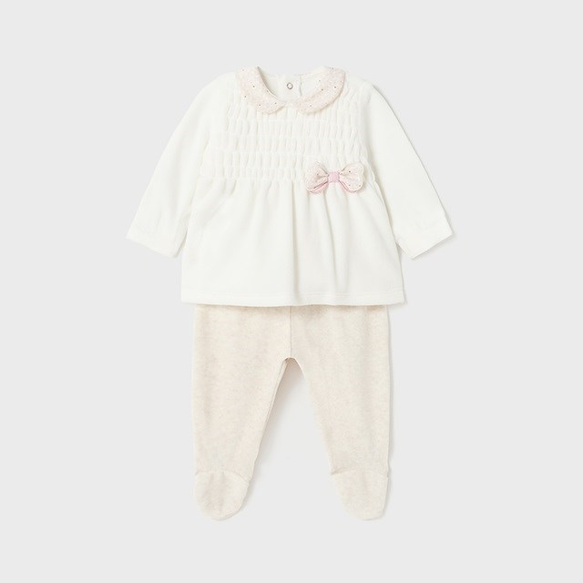 Mayoral Kışlık Kız Bebek Kadife Bluz Patikli Pantolon Set Beyaz