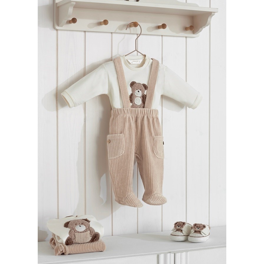 Mayoral Kışlık Erkek Bebek S-shirt Kadife Salopet Set Krem