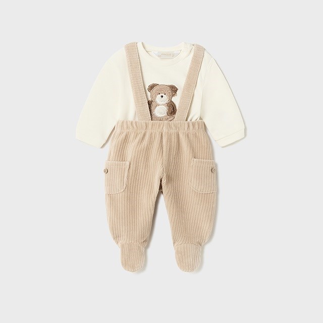 Mayoral Kışlık Erkek Bebek S-shirt Kadife Salopet Set Krem