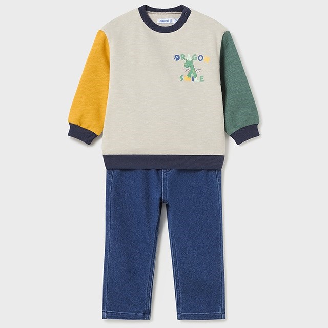 Mayoral Kışlık Erkek Bebek S-shirt Denim Pantolon 2'li Set Krem