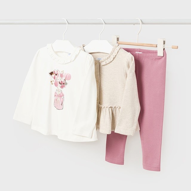 Mayoral Kışlık Kız Bebek T-shirt Tayt Ceket 3'lü Set Pembe