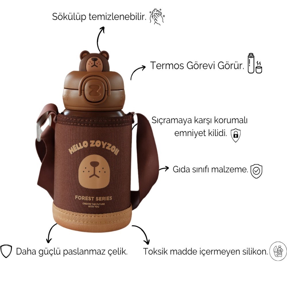 Zoyzoii Animal Serisi Çelik Termos Su Matarası - Bear 