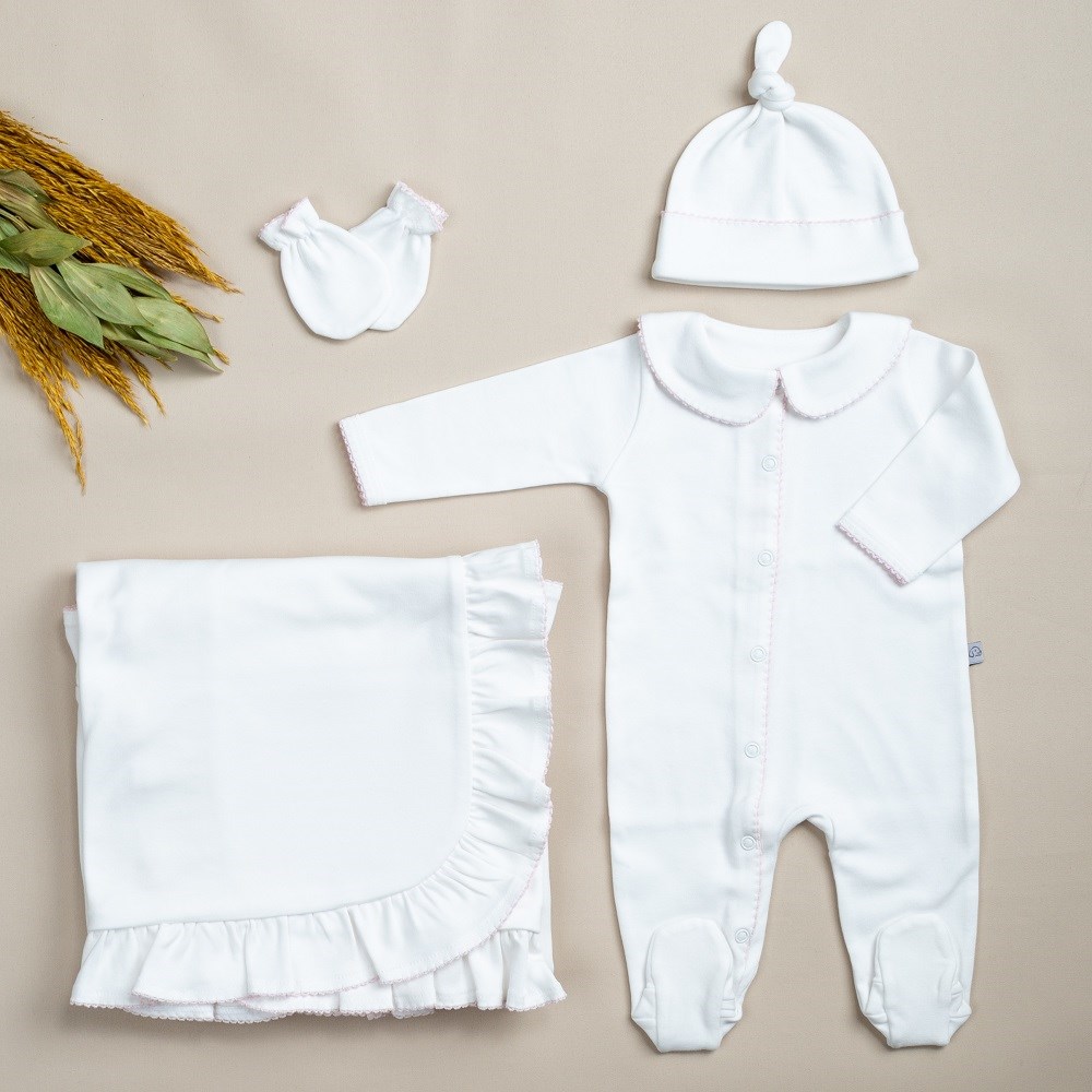 Mayys Baby Organik Elegant Pembe Tığ İşi Süslemeli 5'li  Hastane Çıkış Seti Beyaz