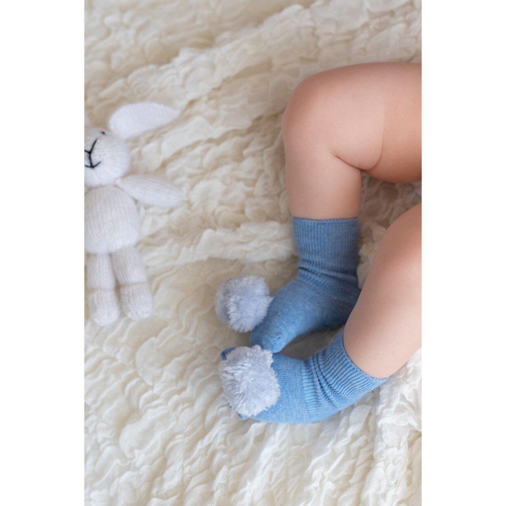 Mama Yoyo Nou Nou Antrasit Kız Bebek Peluş Ponponlu Dizaltı Çorap Mavi