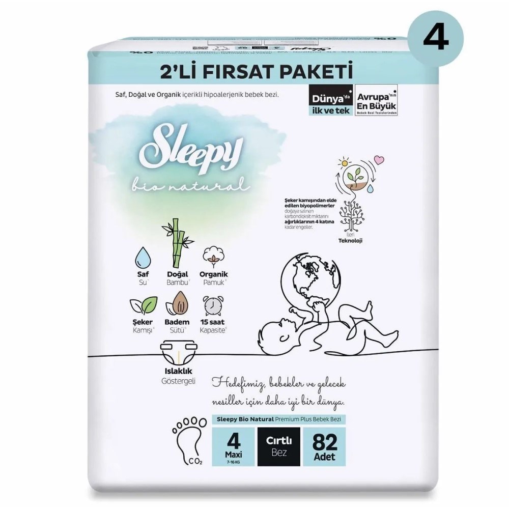 Sleepy Bio Natural No:4 Maxi 2'li Bebek Bezi 82 Adet 