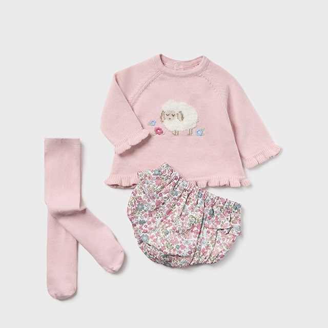 Mayoral Kışlık Kız Bebek Kazak Şort Çorap 3'lü Set Pembe