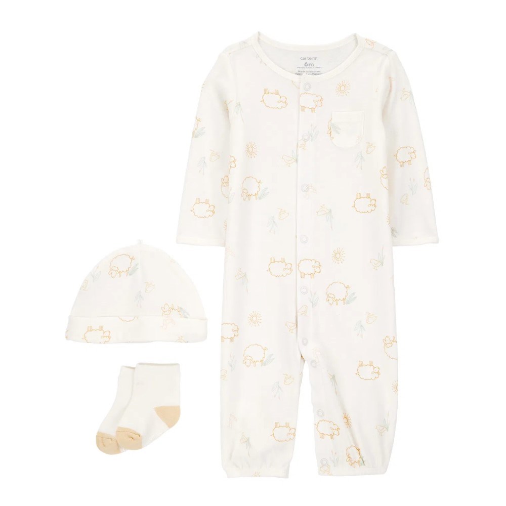 Carter's Kışlık Bebek Çorap Şapka Tulum 3'lü Set Beyaz