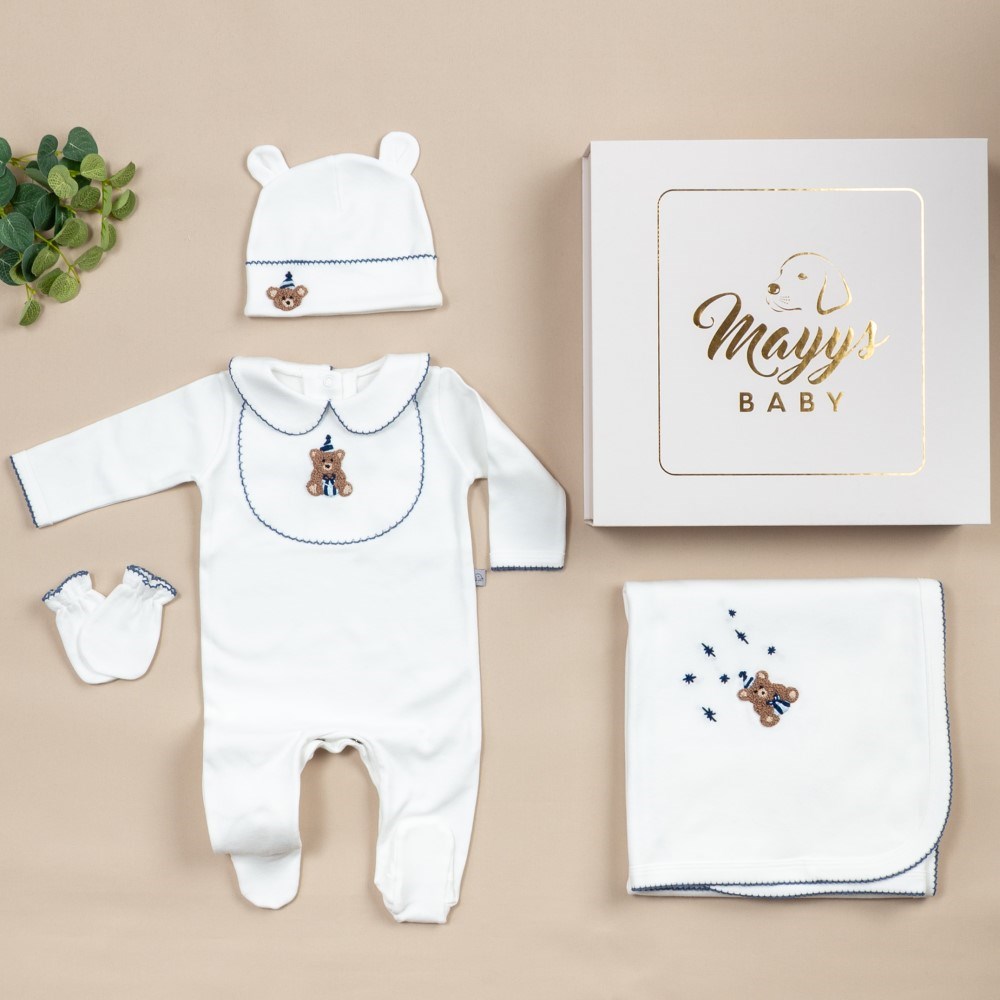 Mayys Baby Royal İndigo Tığ İşi Süslemeli Bubu Party Nakışlı 5' li Organik Hastane Çıkış Seti Beyaz