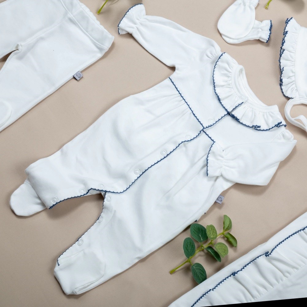 Mayys Baby Lady İndigoTığ İşi Süslemeli Fırfırlı 9'lu Kız Bebek Organik Hastane Çıkış Seti Beyaz