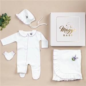 Mayys Baby Elegant Lila Tığ İşi Süslemeli Vioala El Nakışlı 5'li Organik Hastane Çıkış Seti