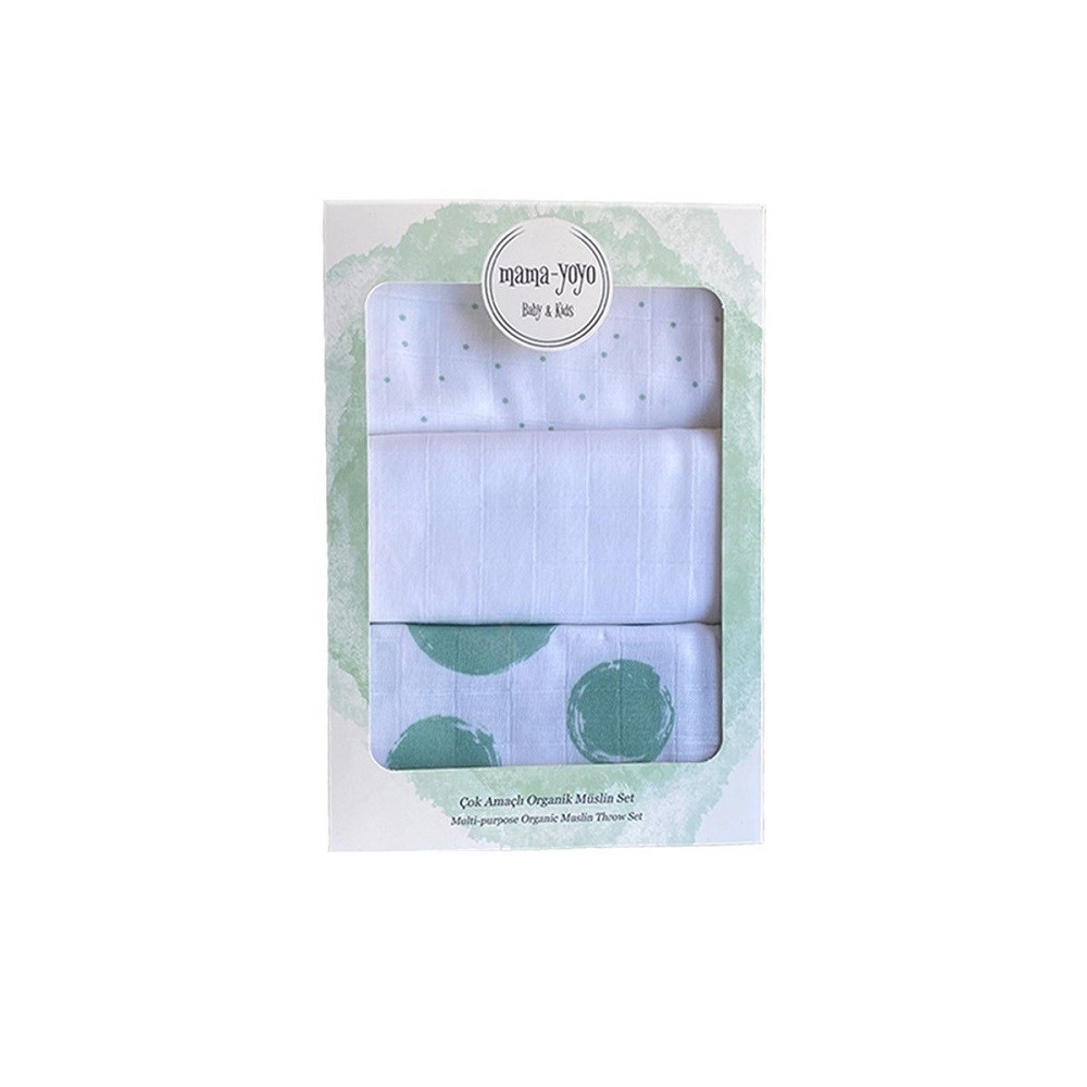 Mama Yoyo Çok Amaçlı Organik 3'lü Müslin Set - Mint Puantiye 