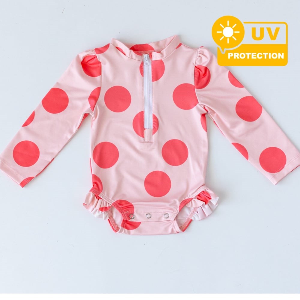 Mama Yoyo Önden Fermuarlı Çıtçıtlı Mayo- Puantiye Pembe