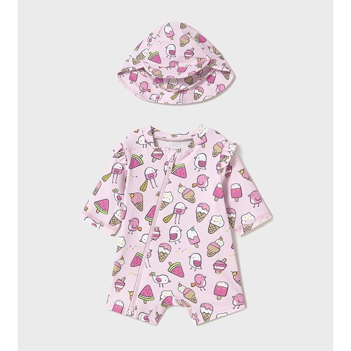 Mayoral Yazlık Kız Bebek Tulum Mayo Şapka Set Pembe