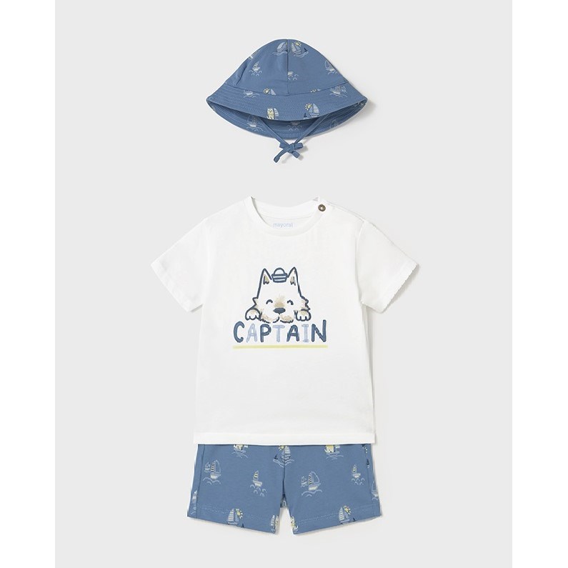 Mayoral Yazlık Erkek Bebek T-shirt Şort Şapka 3'lü Set Mavi