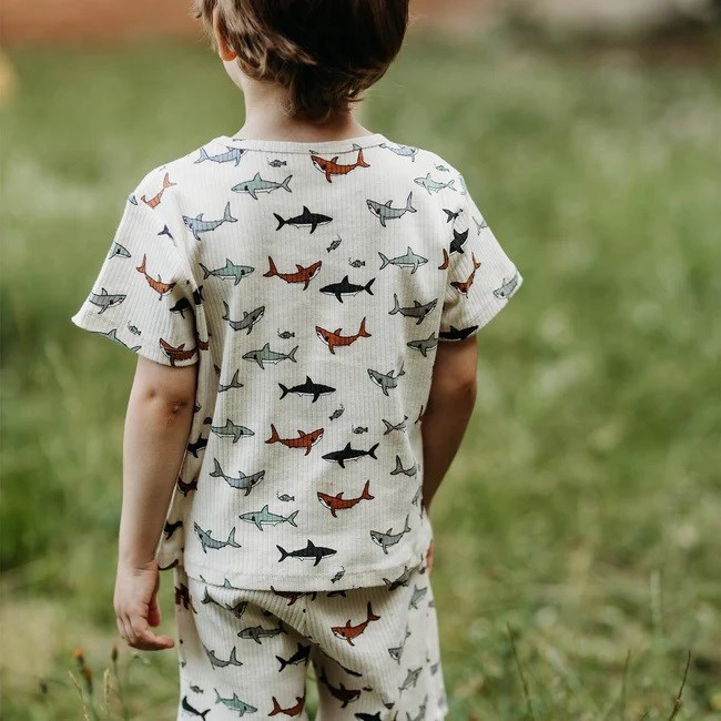 Antebies Erkek  Çocuk Kısa Kollu Organik Pijama Takımı- Köpekbalığı Beyaz