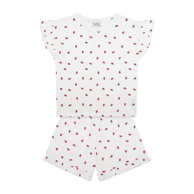 Antebies Kız Çocuk Kısa Kollu Şortlu Organik Pijama Takımı- Uğur Böceği Beyaz