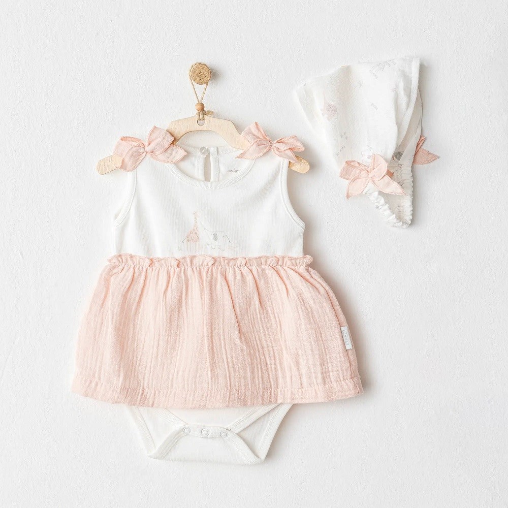 Andywawa Yazlık Kız Bebek Bandana Elbise 2'li Set - Love Family Pembe