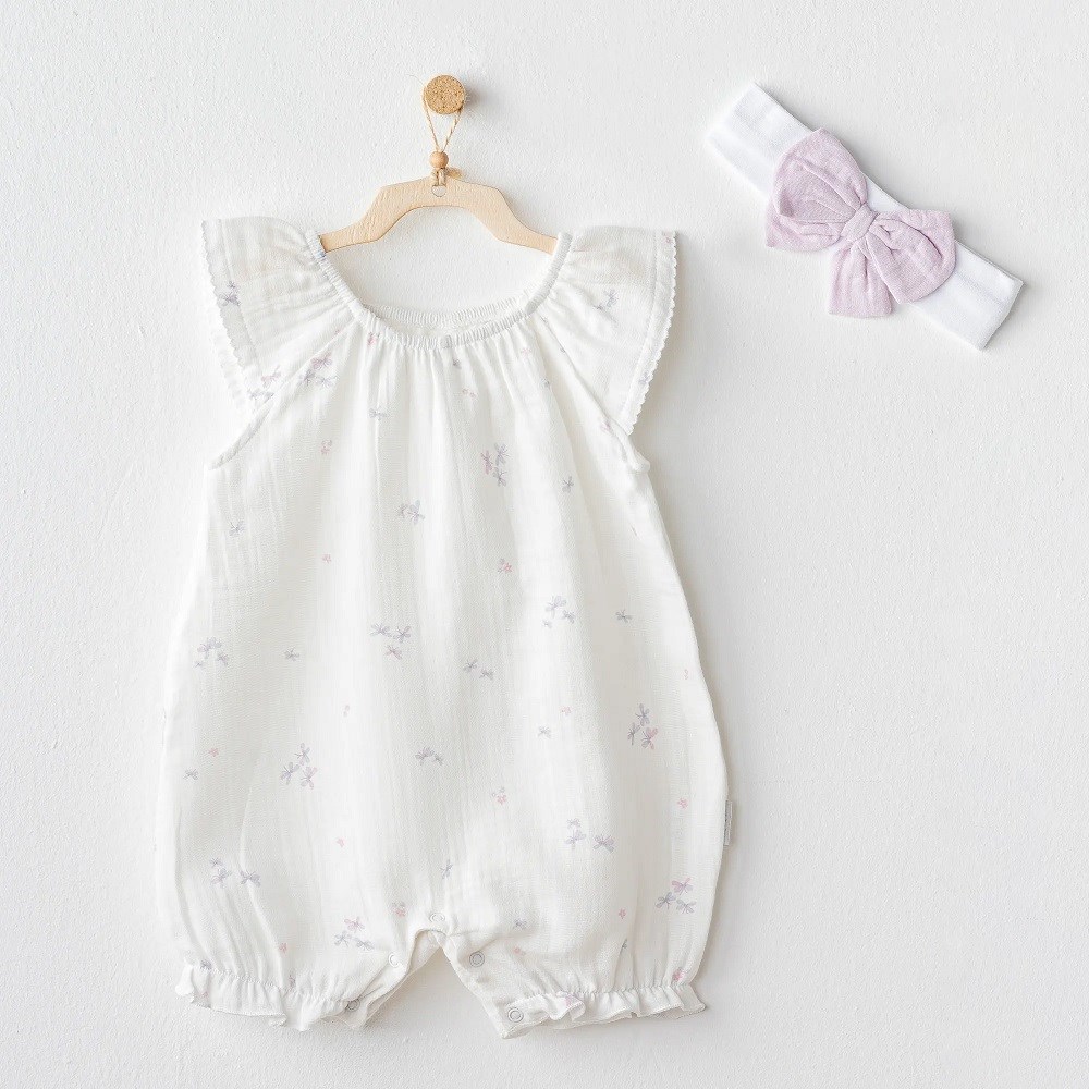 Andywawa Kız Bebek Yazlık Tulum ve Bandana 2'li Set - Butterfly Beyaz