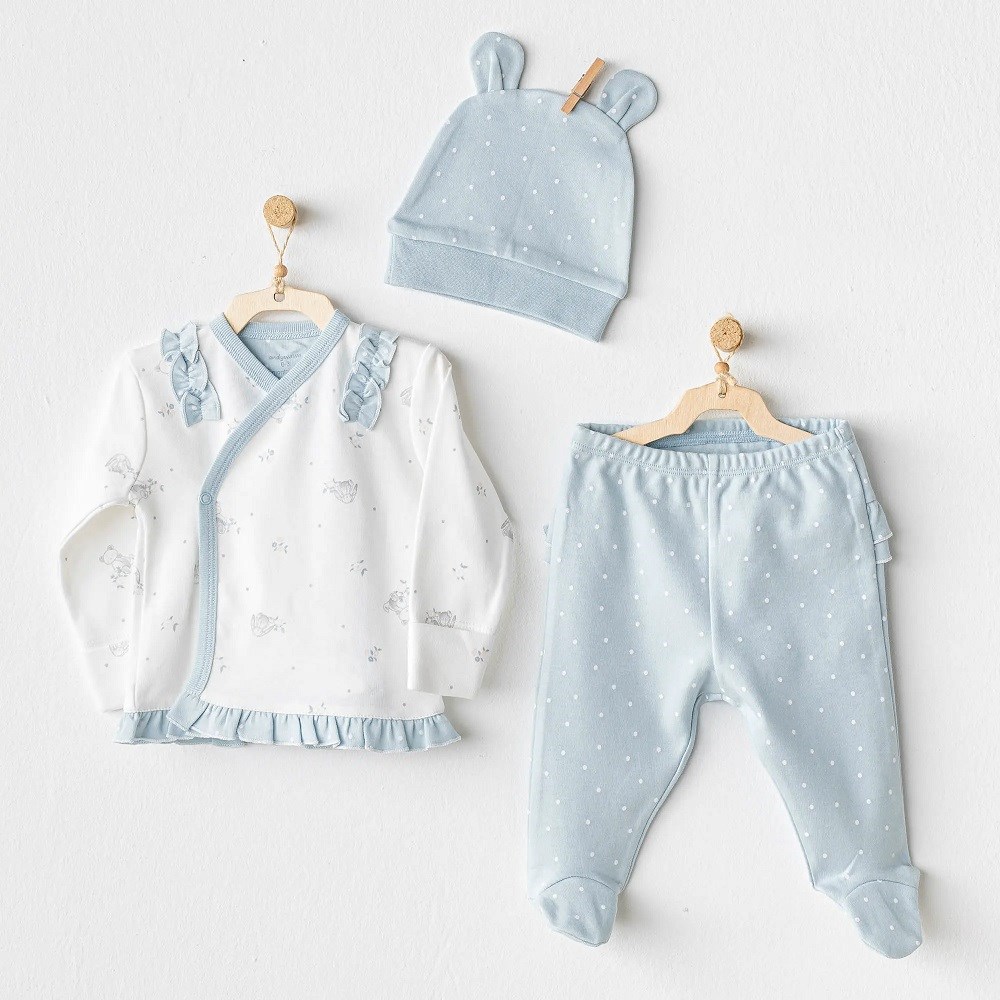 Andywawa Bebek Patikli Zıbın Şapka Takım 3'lü Set - Bunny Bear Mavi