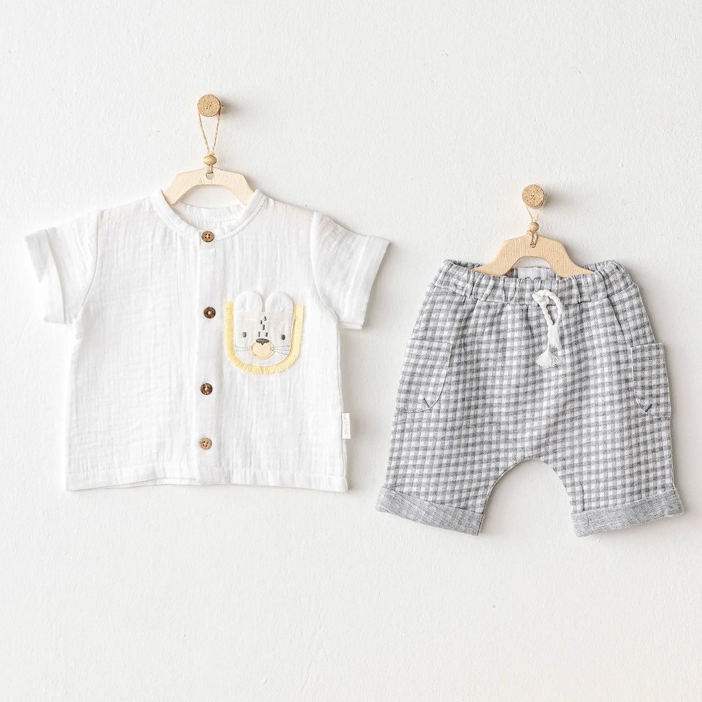 Andywawa Yazlık Erkek Bebek Müslin Bluz Şort Takım 2'li Set Little King Beyaz