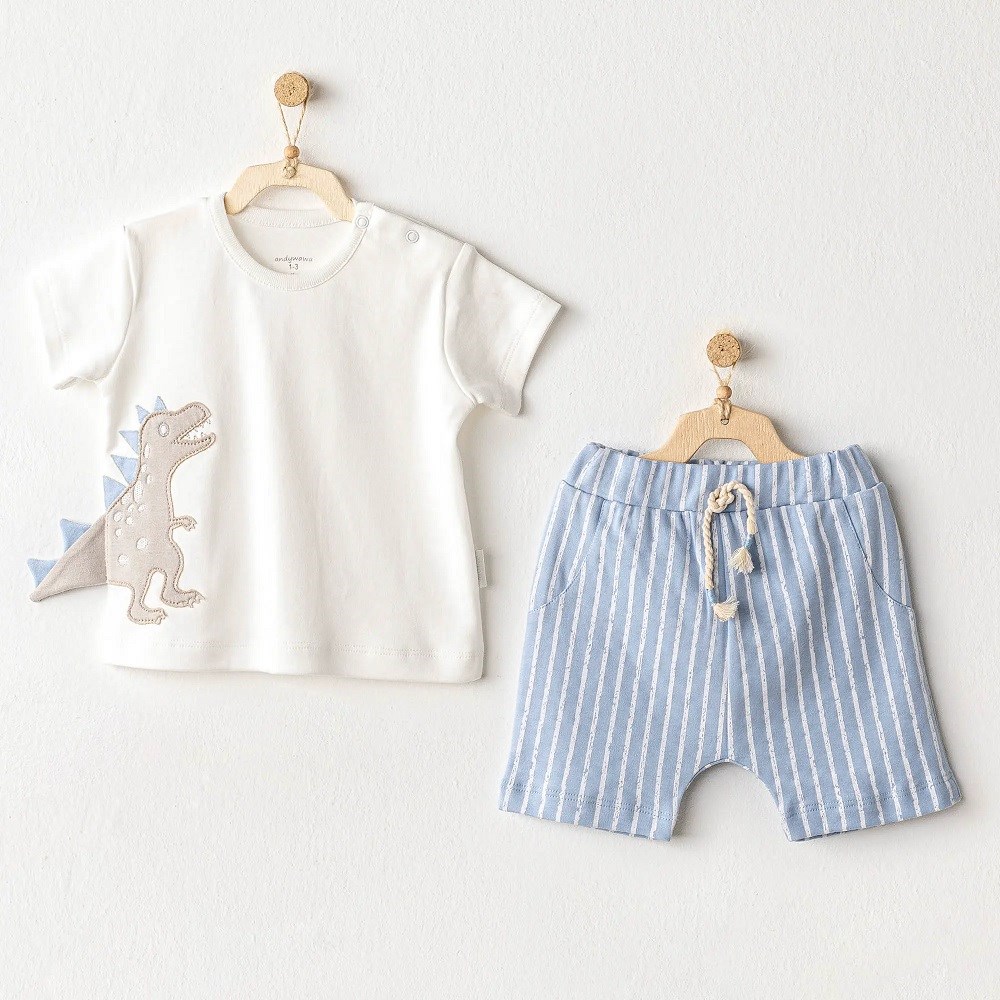 Andywawa Yazlık Erkek Bebek Kısa Kol T-shirt Şort Takım 2'li Set- Dino Mavi