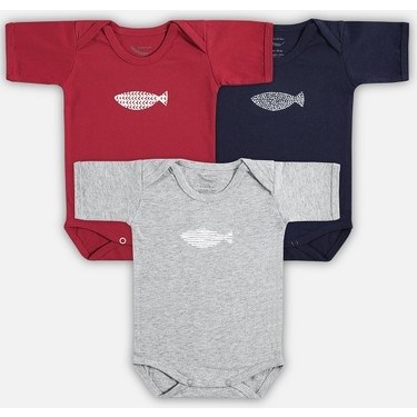 Mi Espiga Bebek Balık Baskılı Kısa Kollu Body 3'lü Set Kırmızı